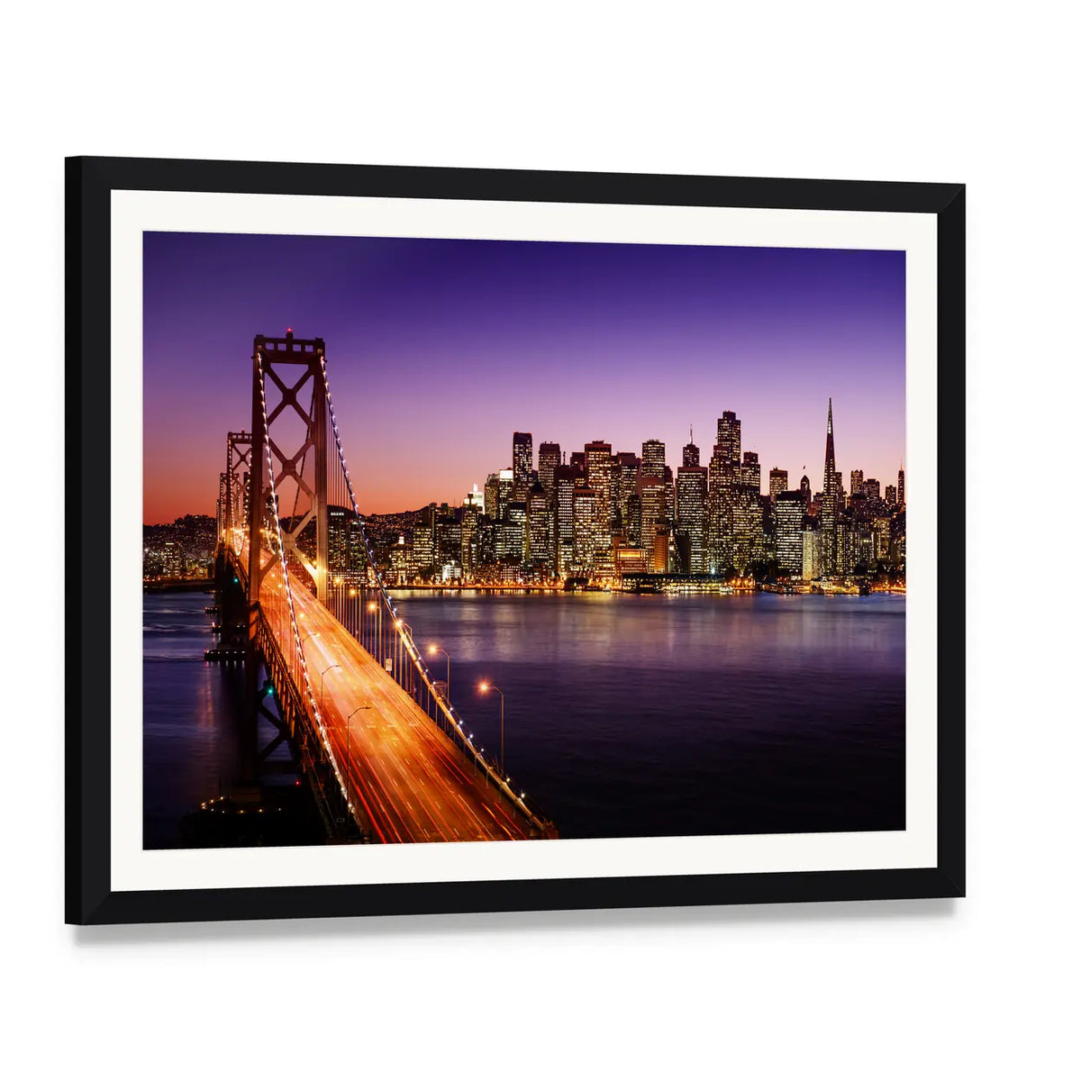 San Francisco Skyline and Bay Bridge at Sunset Canvas Wall Art, framed print with white mat and black frame, angled product view