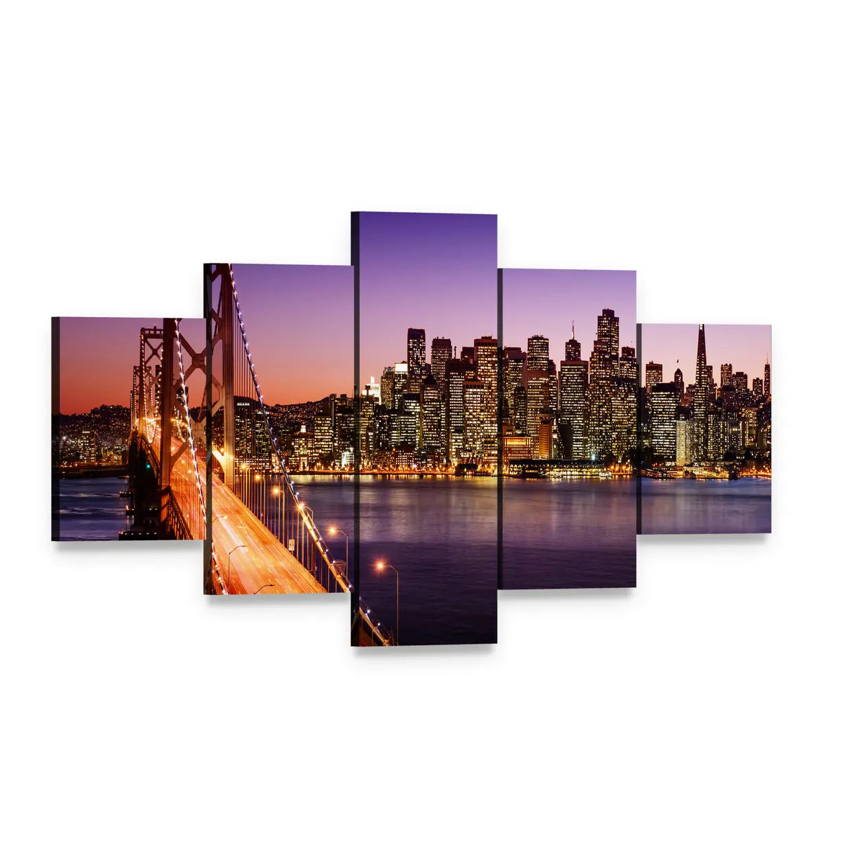 San Francisco Skyline and Bay Bridge at Sunset Canvas Wall Art, 5 panel 5 Star layout gallery wrapped canvas set, angled product view