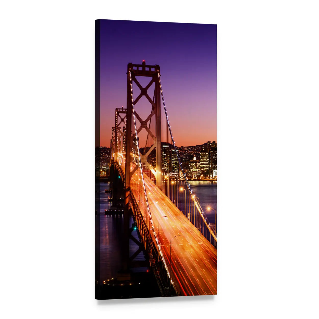 San Francisco Bay Bridge Skyline at Dusk Vertical Canvas Wall Art, 1 panel 1 Vertical layout gallery wrapped canvas set, angled product view