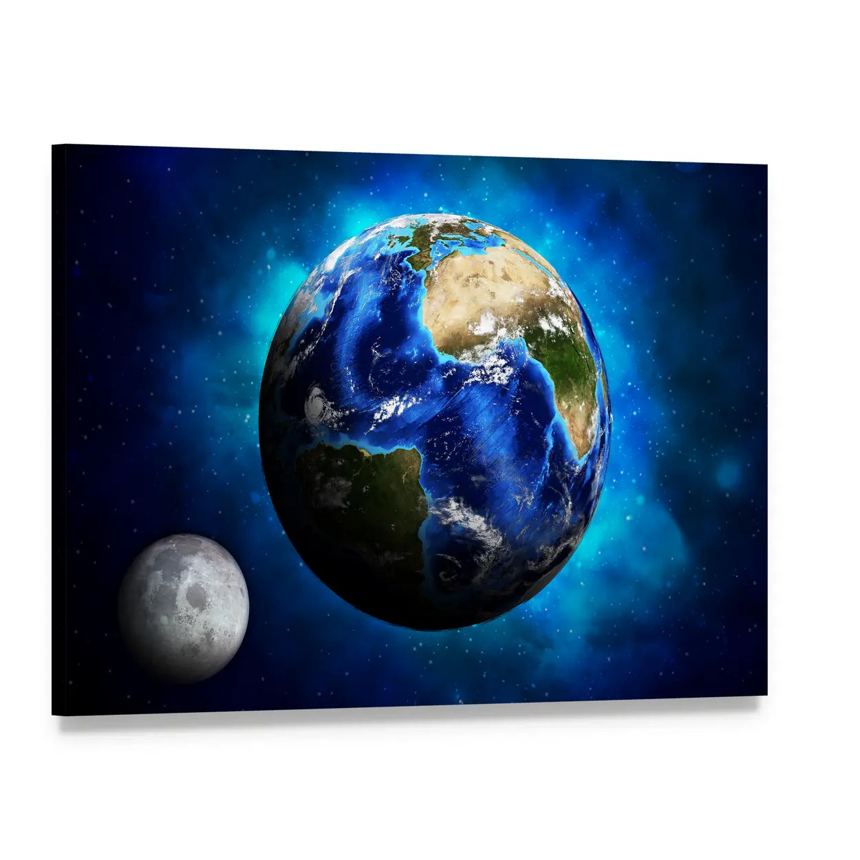 Earth and Moon in Deep Space Canvas Wall Art, single panel gallery wrapped canvas, angled product view