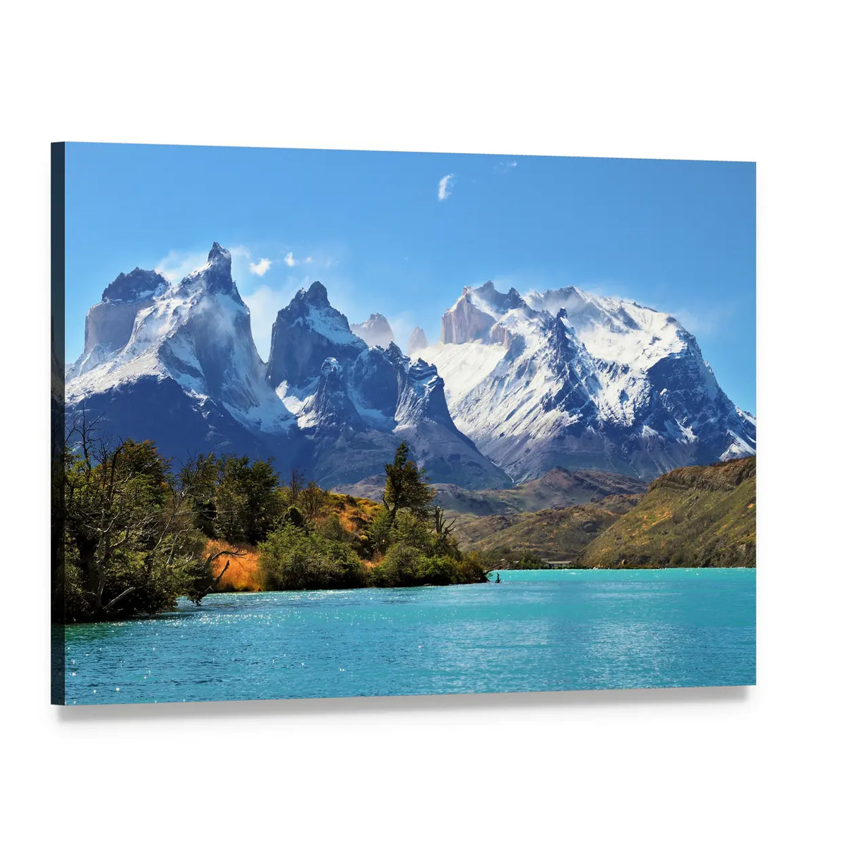 Azure Lake Pehoe Canvas Wall Art, single panel gallery wrapped canvas, angled product view