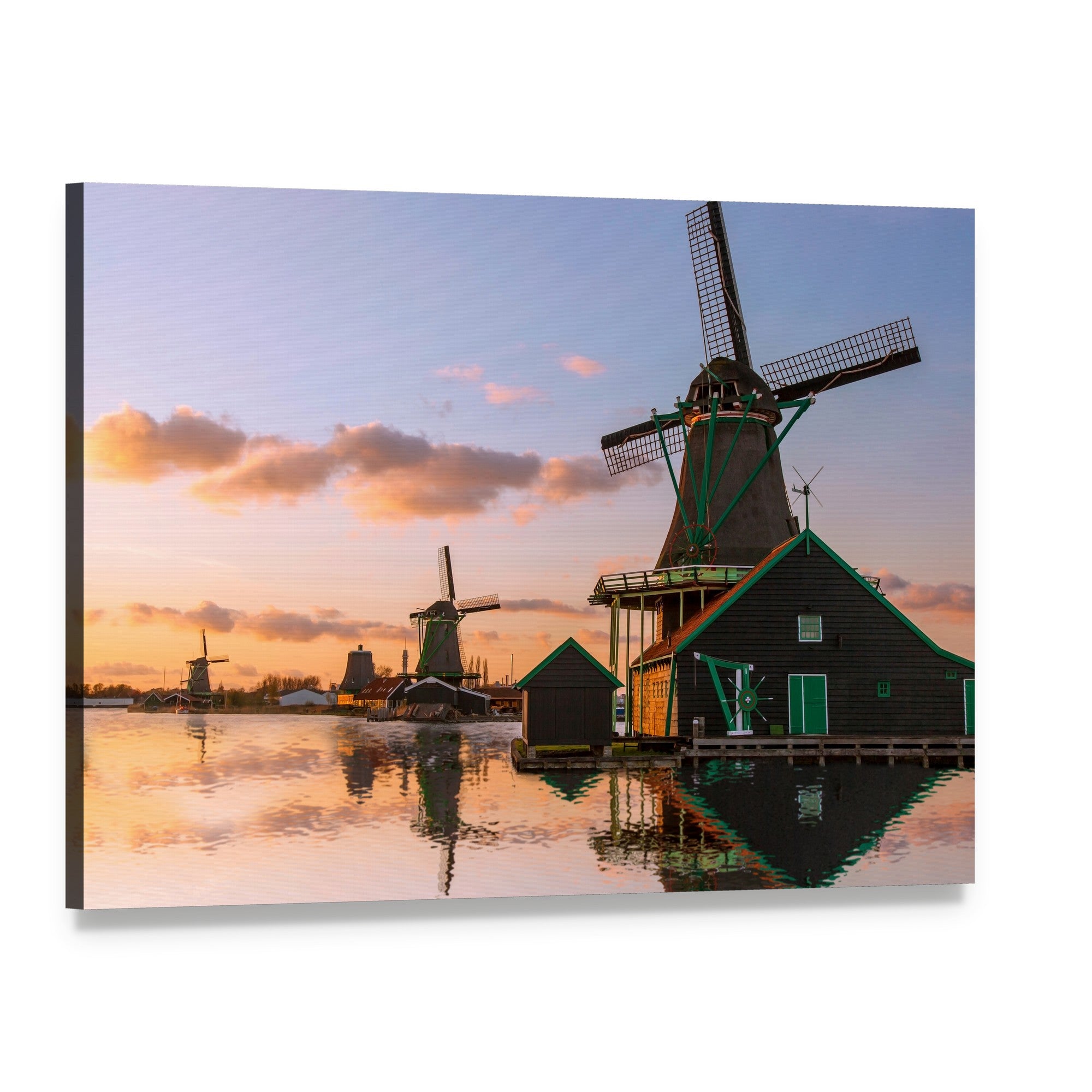 Windmills Over Canal at Sunset Canvas Wall Art, single panel gallery wrapped canvas, angled product view