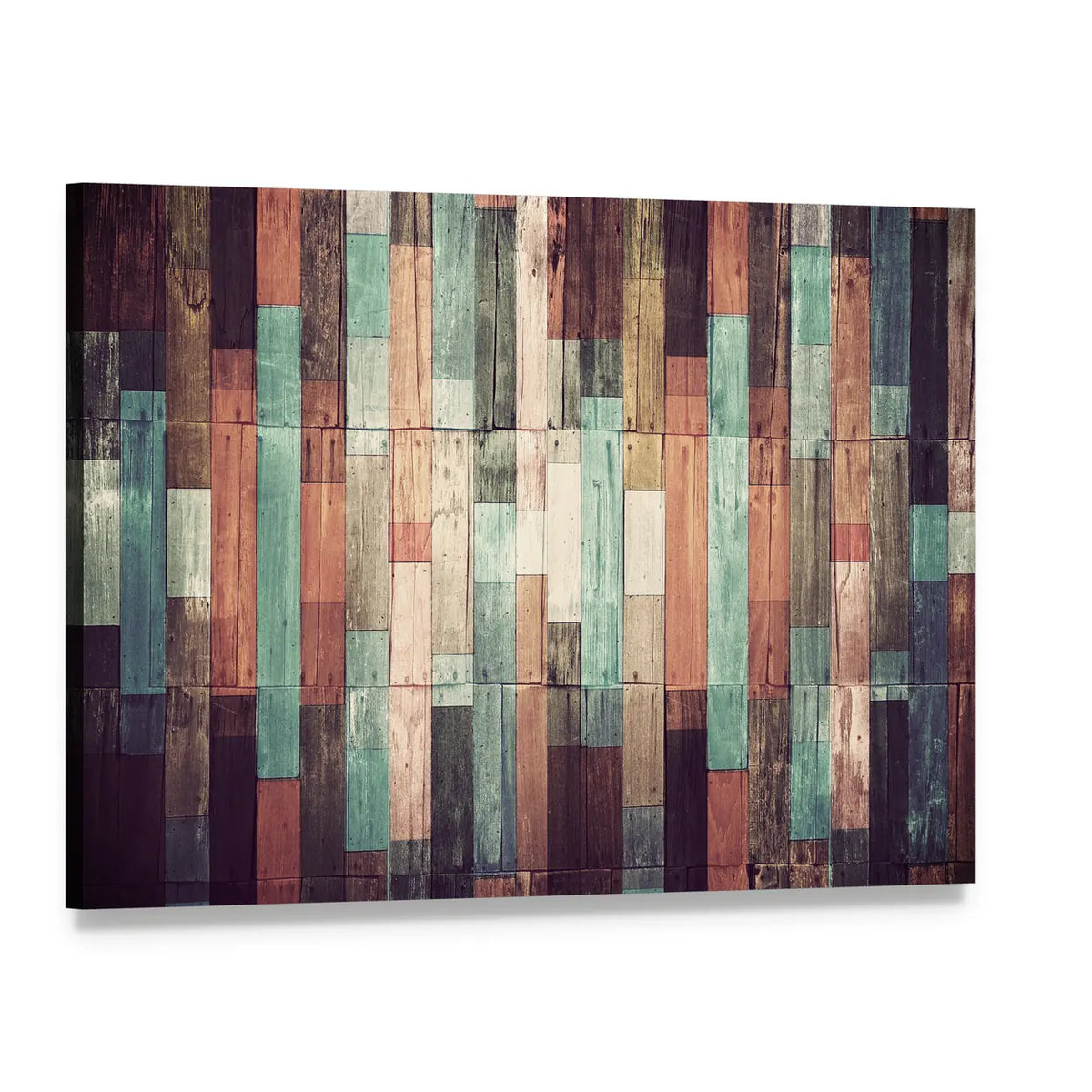 Distressed Reclaimed Wood Plank Pattern Canvas Wall Art, single panel gallery wrapped canvas, angled product view