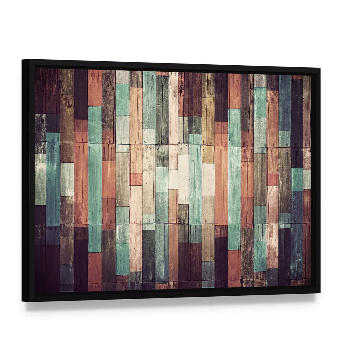 Distressed Reclaimed Wood Plank Pattern Canvas Wall Art, framed canvas in a black floater frame, angled product view