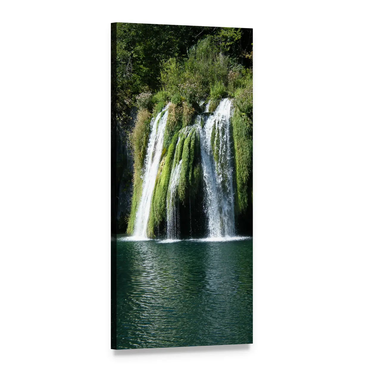 Waterfall Over Moss-covered Rocks Vertical Canvas Wall Art, 1 panel 1 Vertical layout gallery wrapped canvas set, angled product view