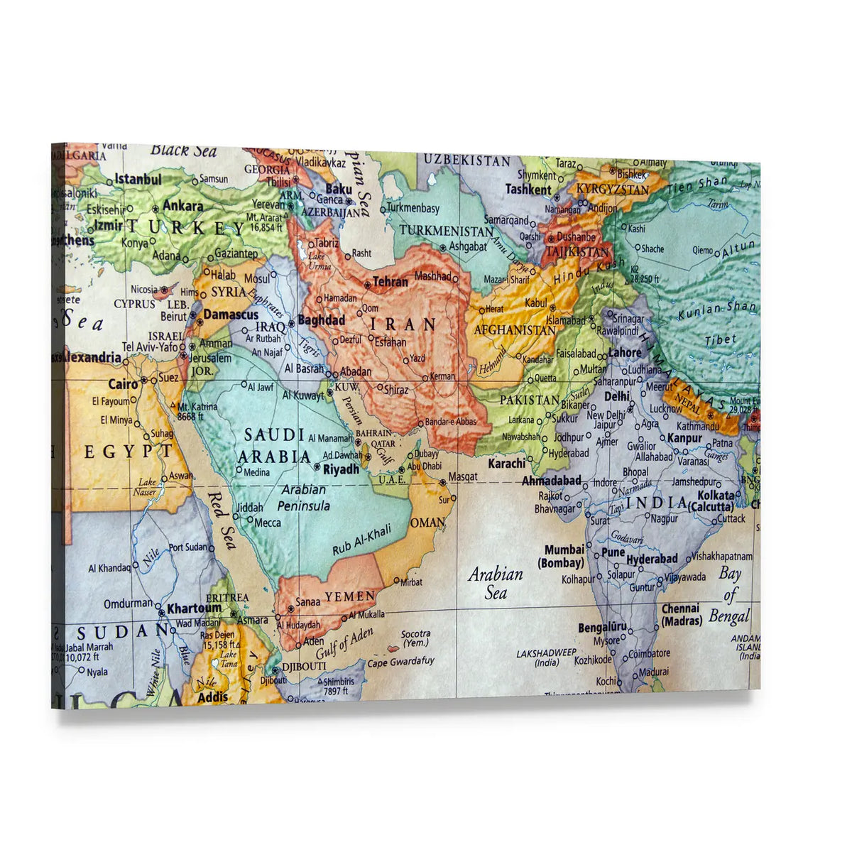 Map Of Middle East Canvas Wall Art, single panel gallery wrapped canvas, angled product view