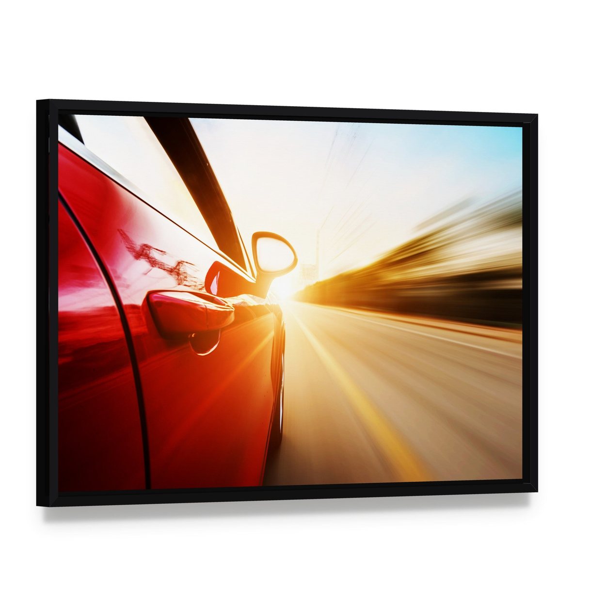Red Car in High Speed Canvas Wall Art, framed canvas in a black floater frame, angled product view