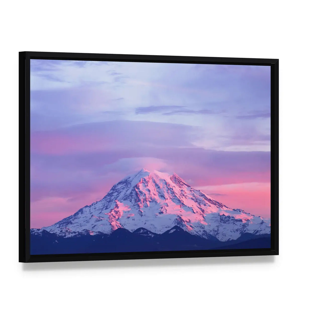 Sunset Light on Mount Rainier Canvas Wall Art, framed canvas in a black floater frame, angled product view