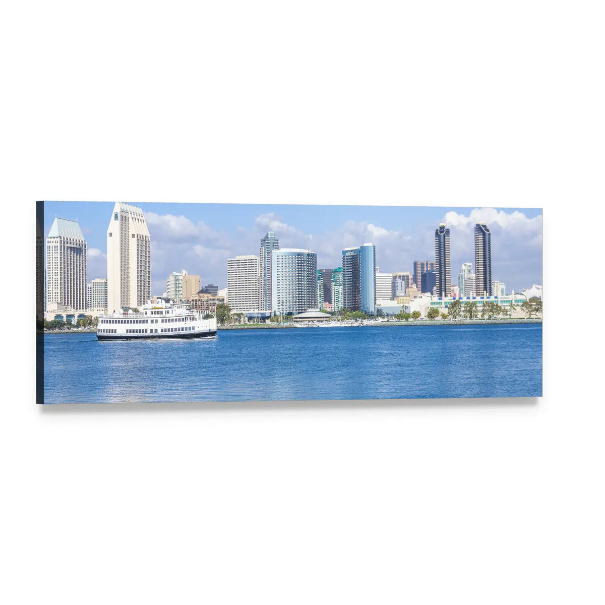 San Diego Skyline with Ferry Panoramic Canvas Wall Art, single panel gallery wrapped canvas, angled product view
