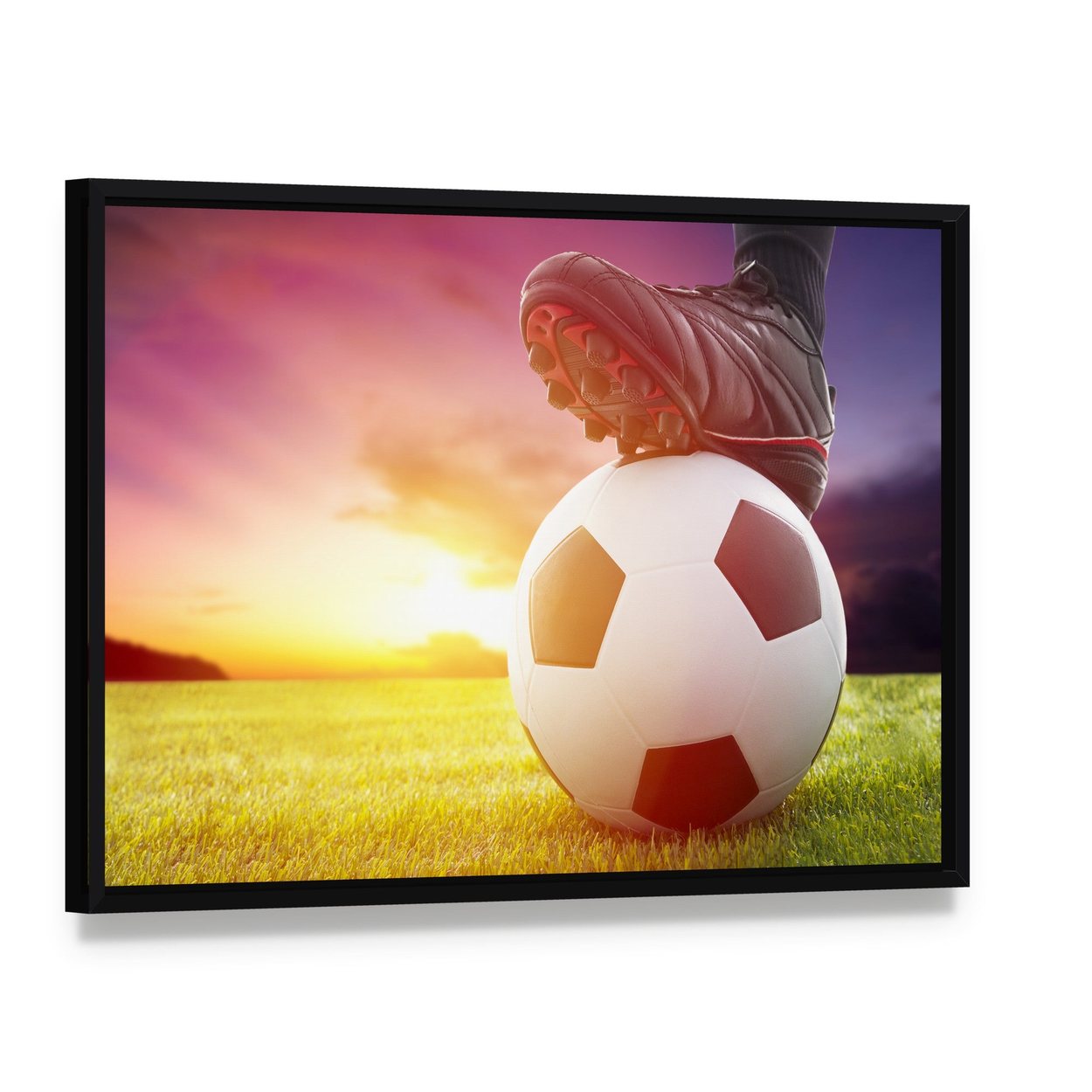 Soccer Ball at the Sunset Kickoff Canvas Wall Art, framed canvas in a black floater frame, angled product view
