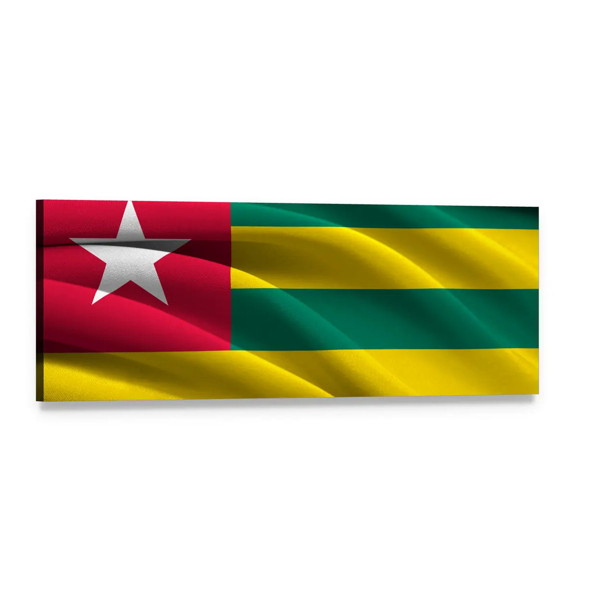 Waving Togolese Flag Panoramic Canvas Wall Art, single panel gallery wrapped canvas, angled product view