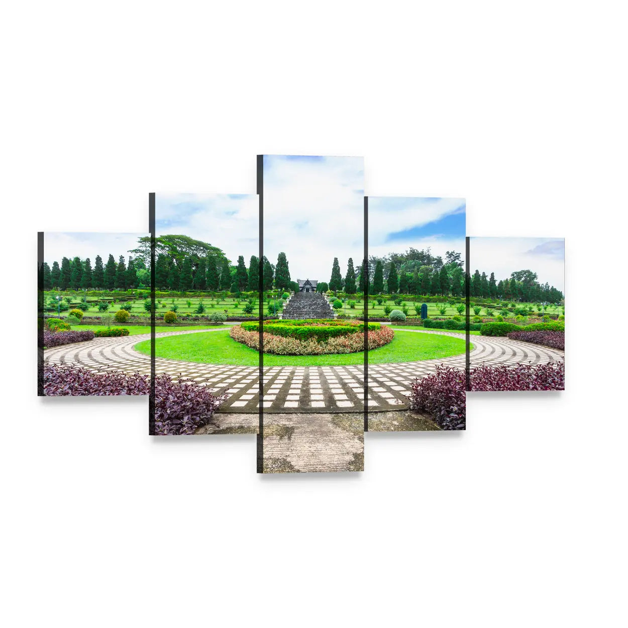 Garden Flowers Around Central Fountain Canvas Wall Art, 5 panel 5 Star layout gallery wrapped canvas set, angled product view