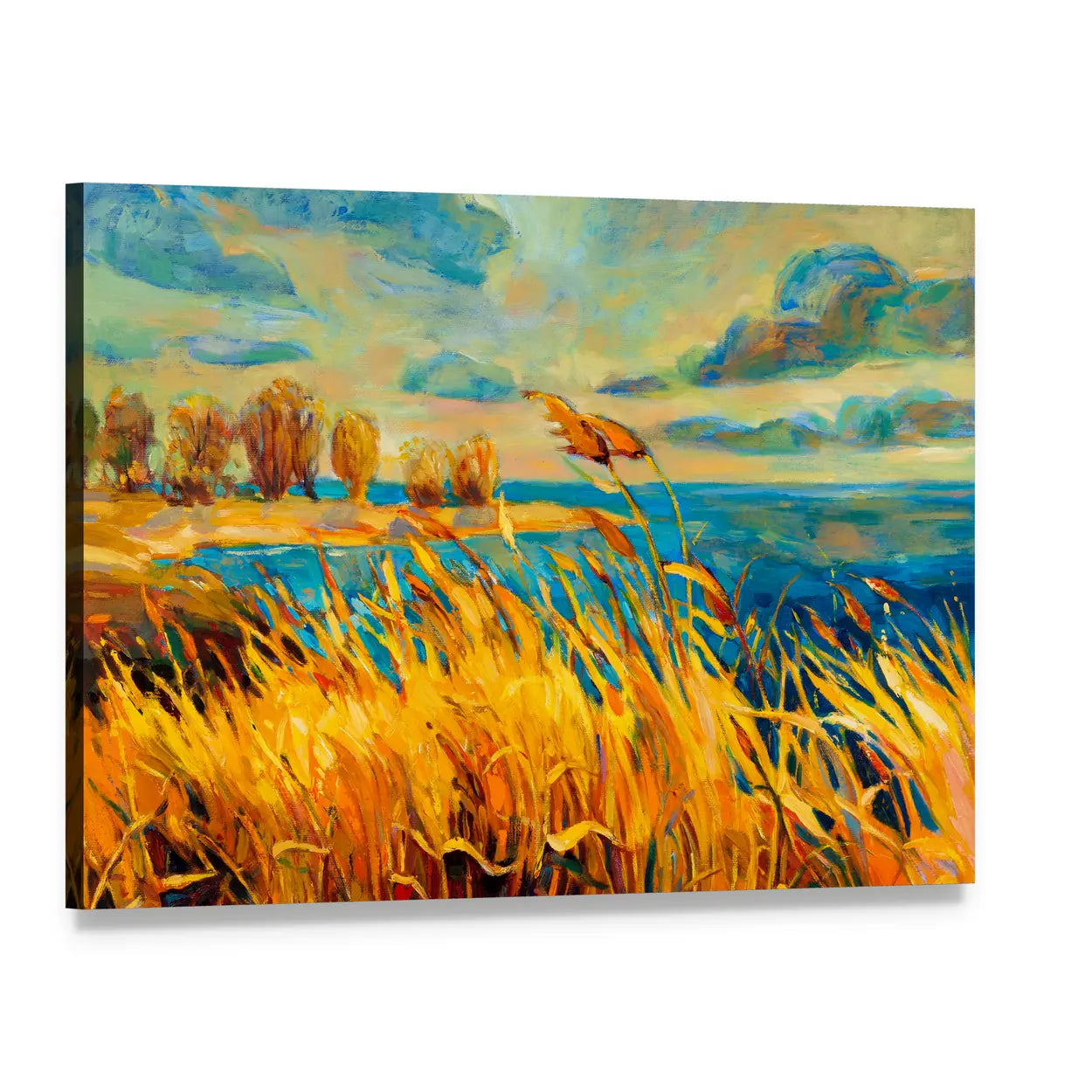 Sunset Over Lake Canvas Wall Art, single panel gallery wrapped canvas, angled product view