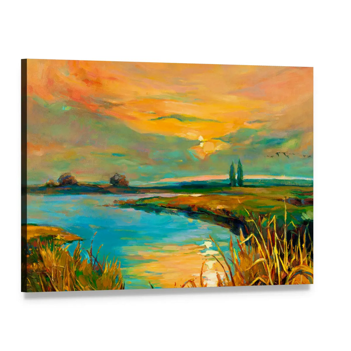 Golden Lakeside Sunset Canvas Wall Art, single panel gallery wrapped canvas, angled product view