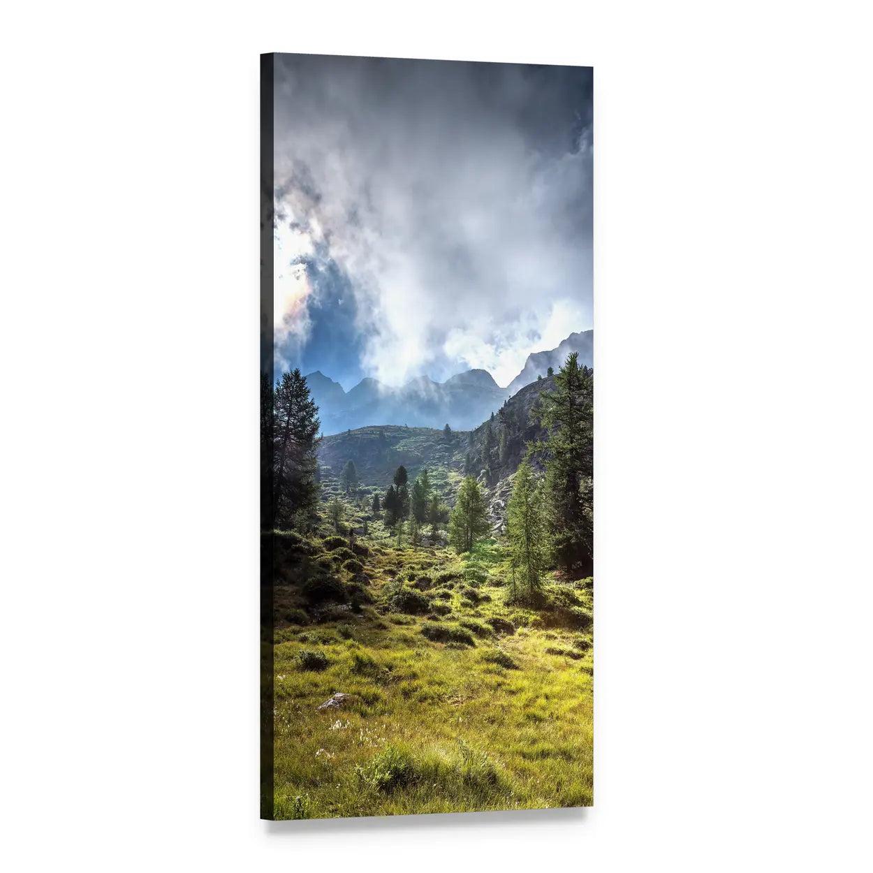 Sunlit Alpine Meadow with Misty Peaks Vertical Canvas Wall Art, 1 panel 1 Vertical layout gallery wrapped canvas set, angled product view