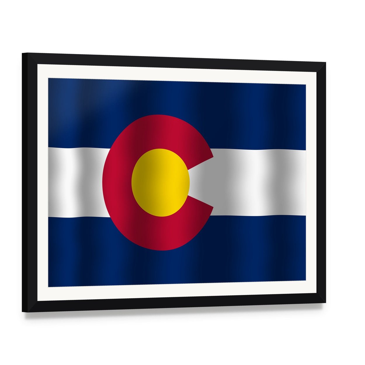 Waving Colorado State Flag Canvas Wall Art, framed print with white mat and black frame, angled product view