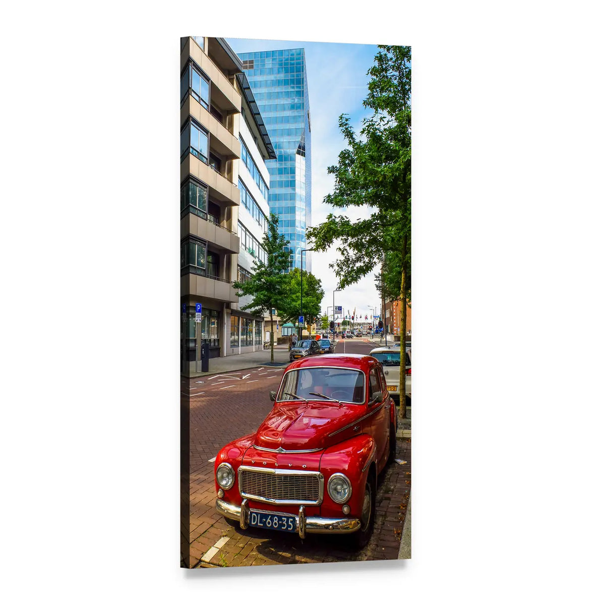 Red Vintage Car on City Street Vertical Canvas Wall Art, 1 panel 1 Vertical layout gallery wrapped canvas set, angled product view
