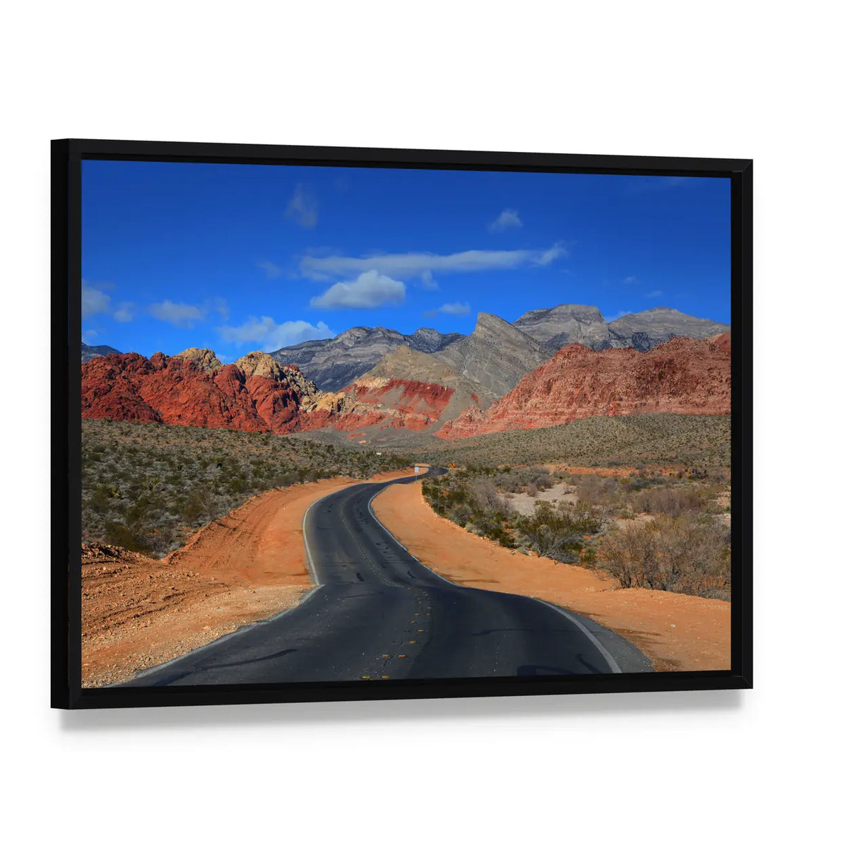 Road to Red Rock Canyon Canvas Wall Art, framed canvas in a black floater frame, angled product view
