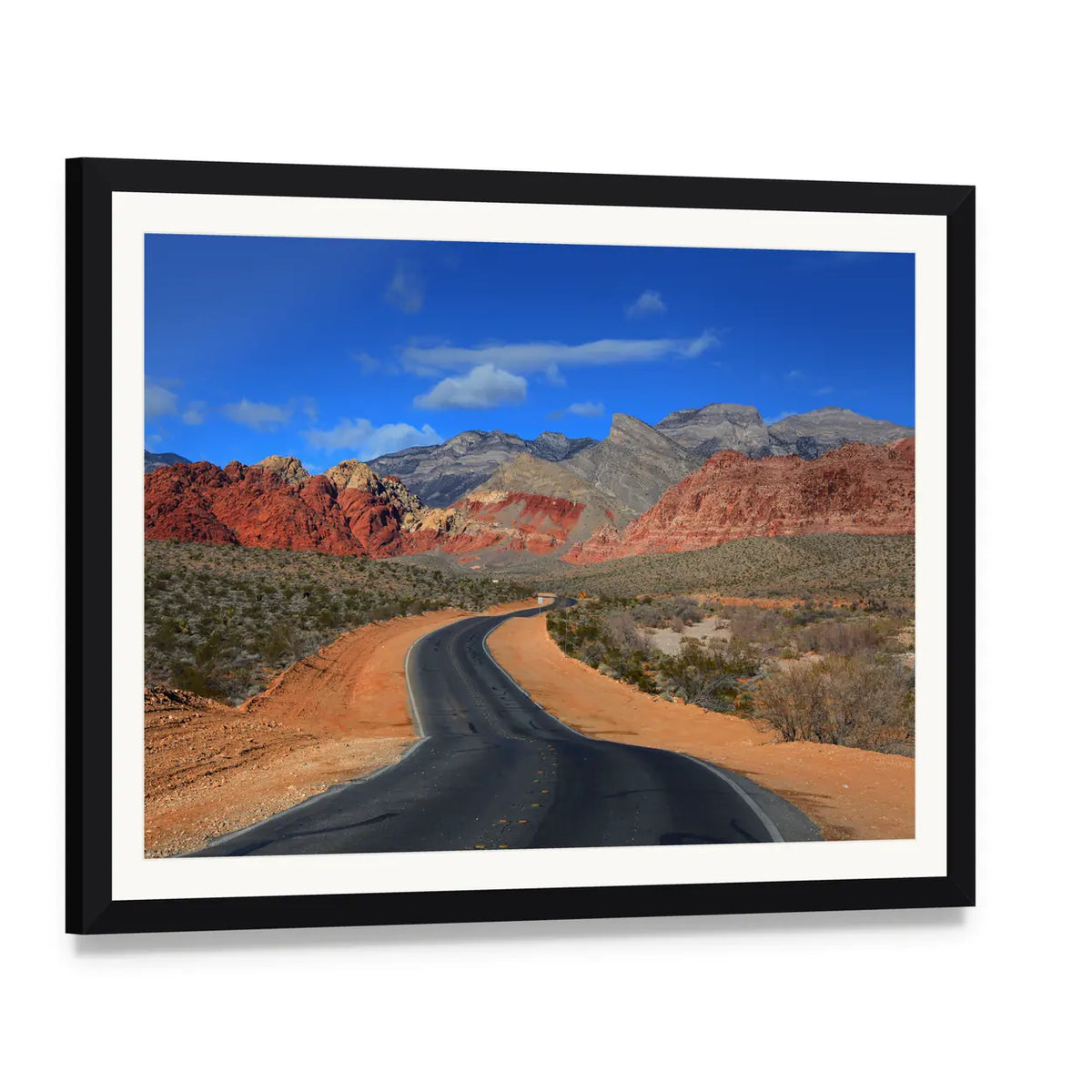 Road to Red Rock Canyon Canvas Wall Art, framed print with white mat and black frame, angled product view