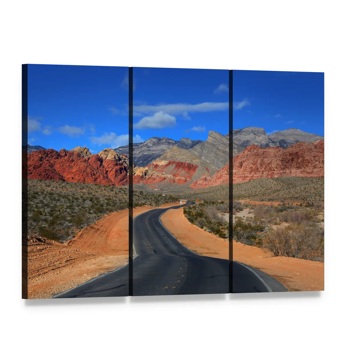 Road to Red Rock Canyon Canvas Wall Art, 3 panel 3 Horizontal layout gallery wrapped canvas set, angled product view