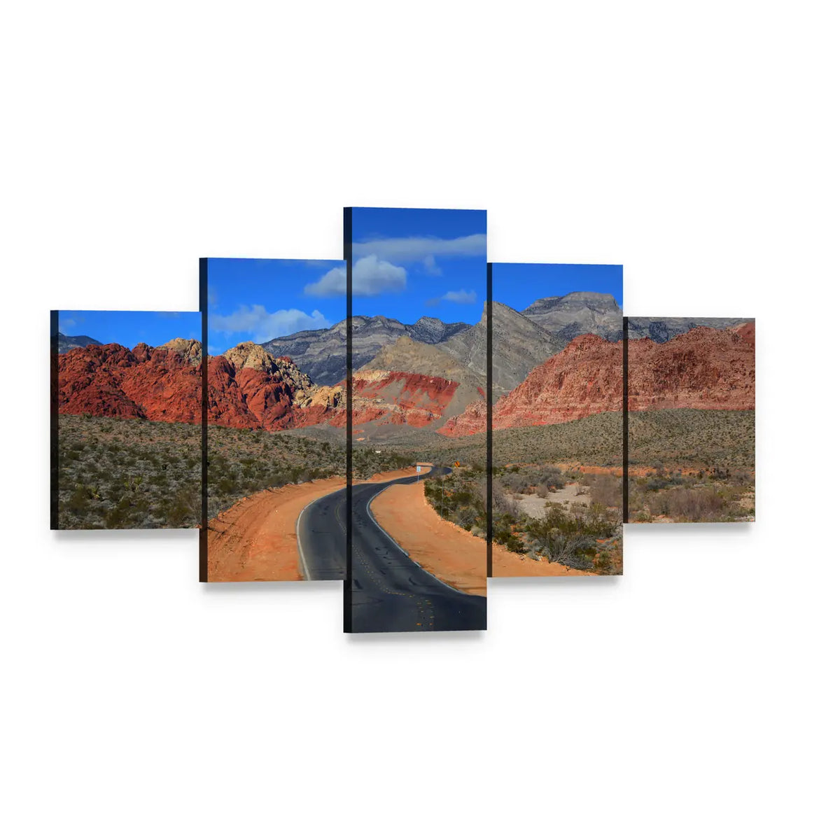 Road to Red Rock Canyon Canvas Wall Art, 5 panel 5 Star layout gallery wrapped canvas set, angled product view