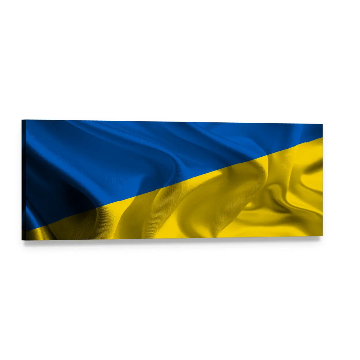 Waving Ukrainian Flag with Satin Sheen Panoramic Canvas Wall Art, single panel gallery wrapped canvas, angled product view