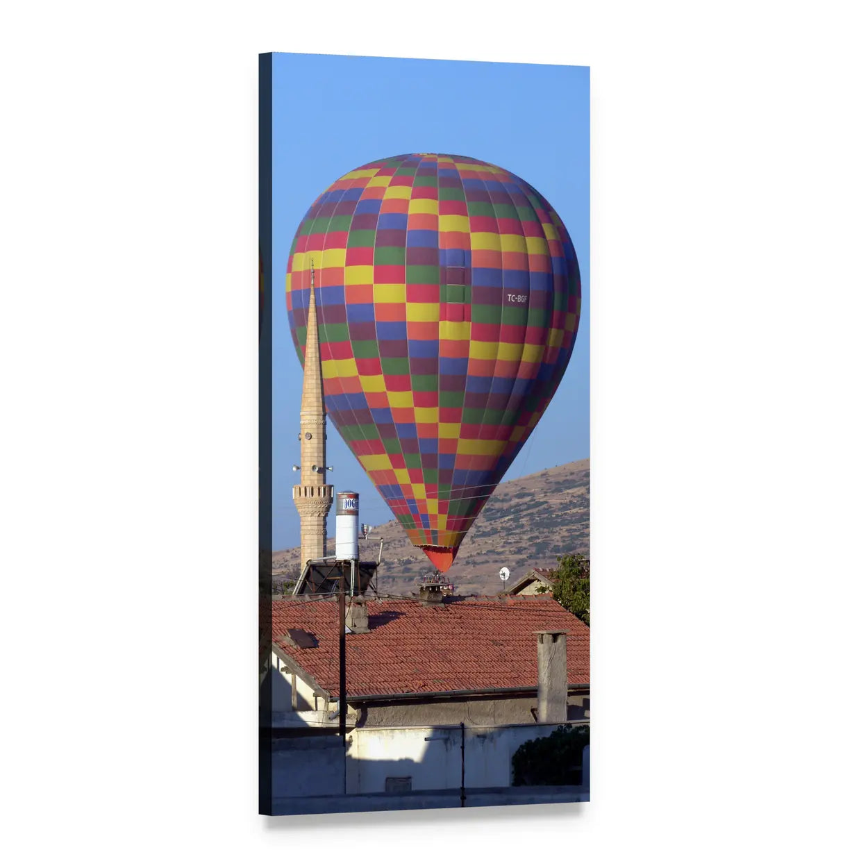 Hot Air Balloon Over Rooftops with Minaret Vertical Canvas Wall Art, 1 panel 1 Vertical layout gallery wrapped canvas set, angled product view
