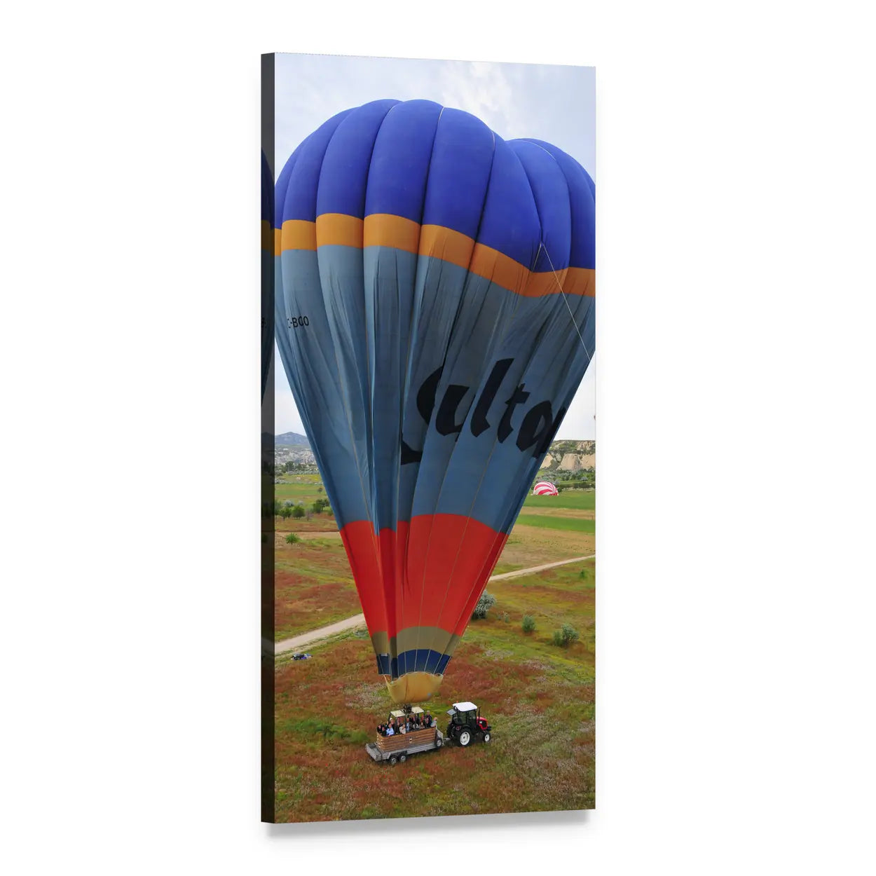 Hot Air Balloon Towed by Tractor Vertical Canvas Wall Art, 1 panel 1 Vertical layout gallery wrapped canvas set, angled product view