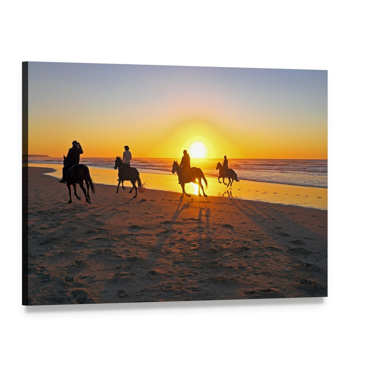 Horse Riding on Beach at Sunset Canvas Wall Art, single panel gallery wrapped canvas, angled product view