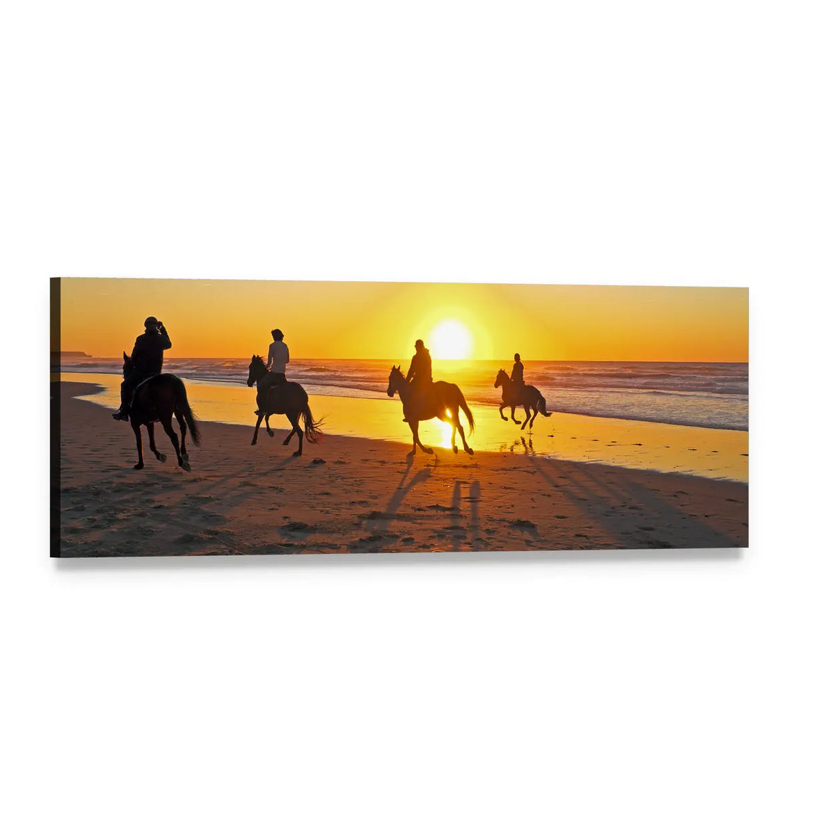 Horse Riders at Sunset Beach Panoramic Canvas Wall Art, single panel gallery wrapped canvas, angled product view