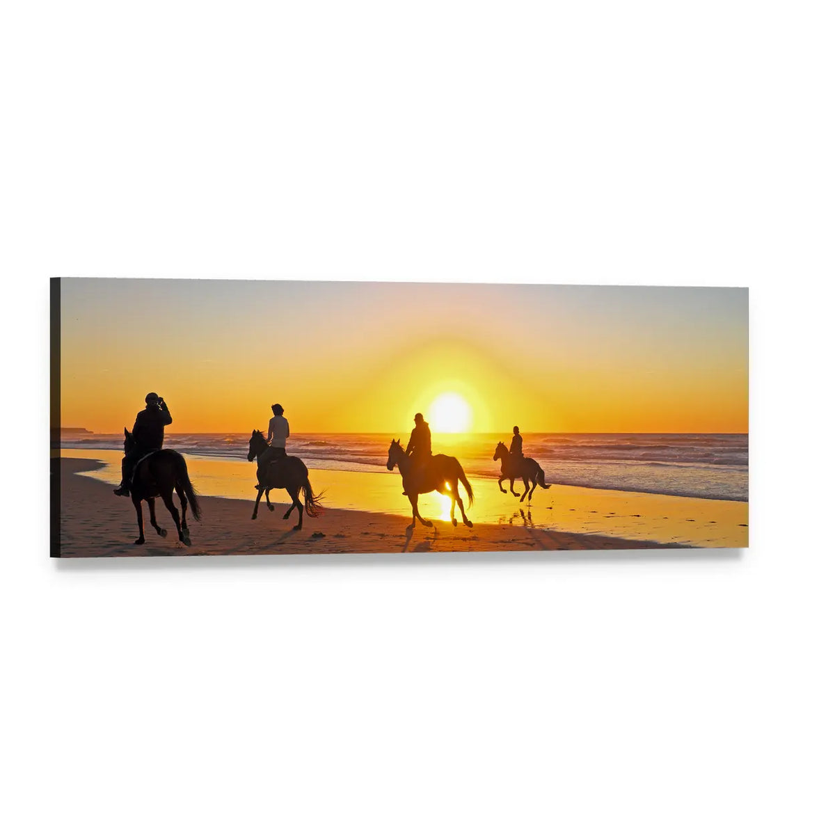 Sunset Horseback Ride on Beach Panoramic Canvas Wall Art, single panel gallery wrapped canvas, angled product view