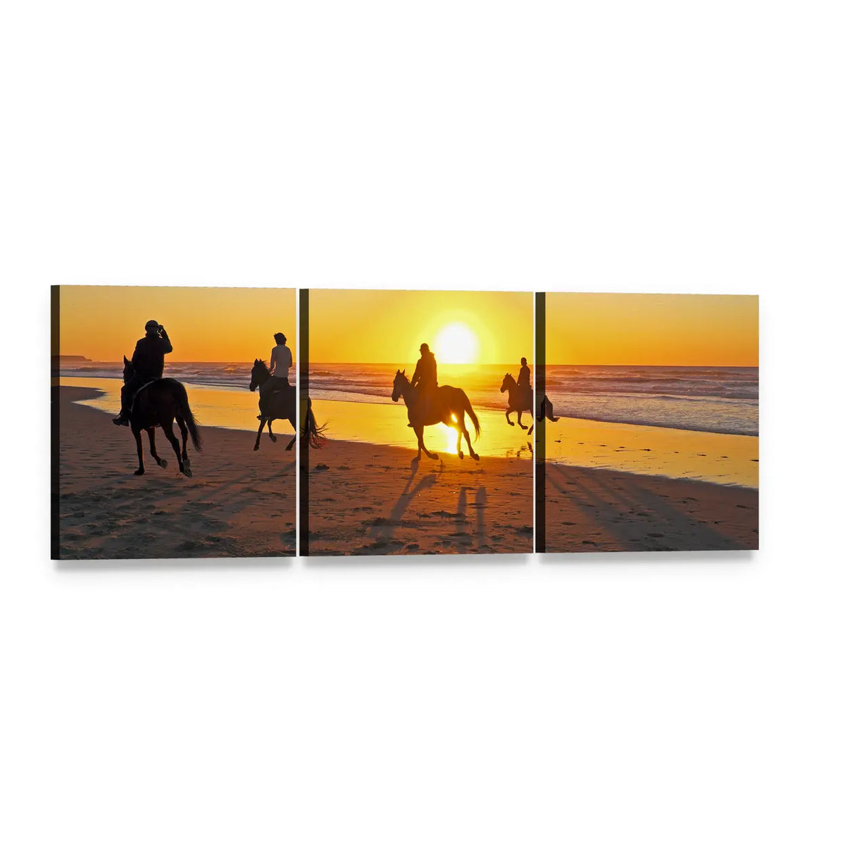 Horse Riders at Sunset Beach Panoramic Canvas Wall Art, 3 panel 3 Piece layout gallery wrapped canvas set, angled product view