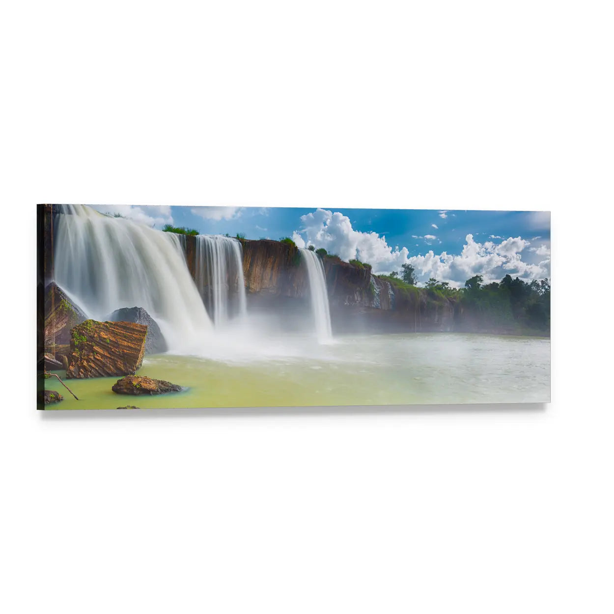 Dray Nur Waterfall Panoramic Canvas Wall Art, single panel gallery wrapped canvas, angled product view