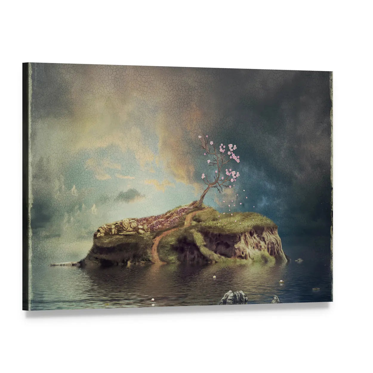 Calm River Island at Dusk Canvas Wall Art, single panel gallery wrapped canvas, angled product view