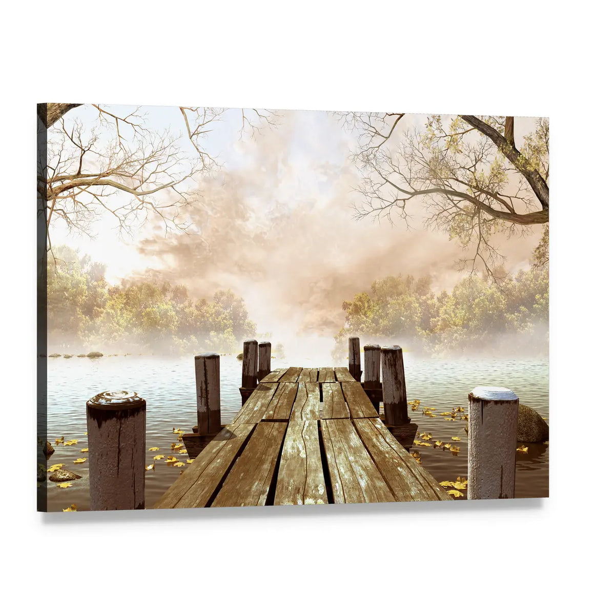 Wooden Dock on Misty Lake Canvas Wall Art, single panel gallery wrapped canvas, angled product view