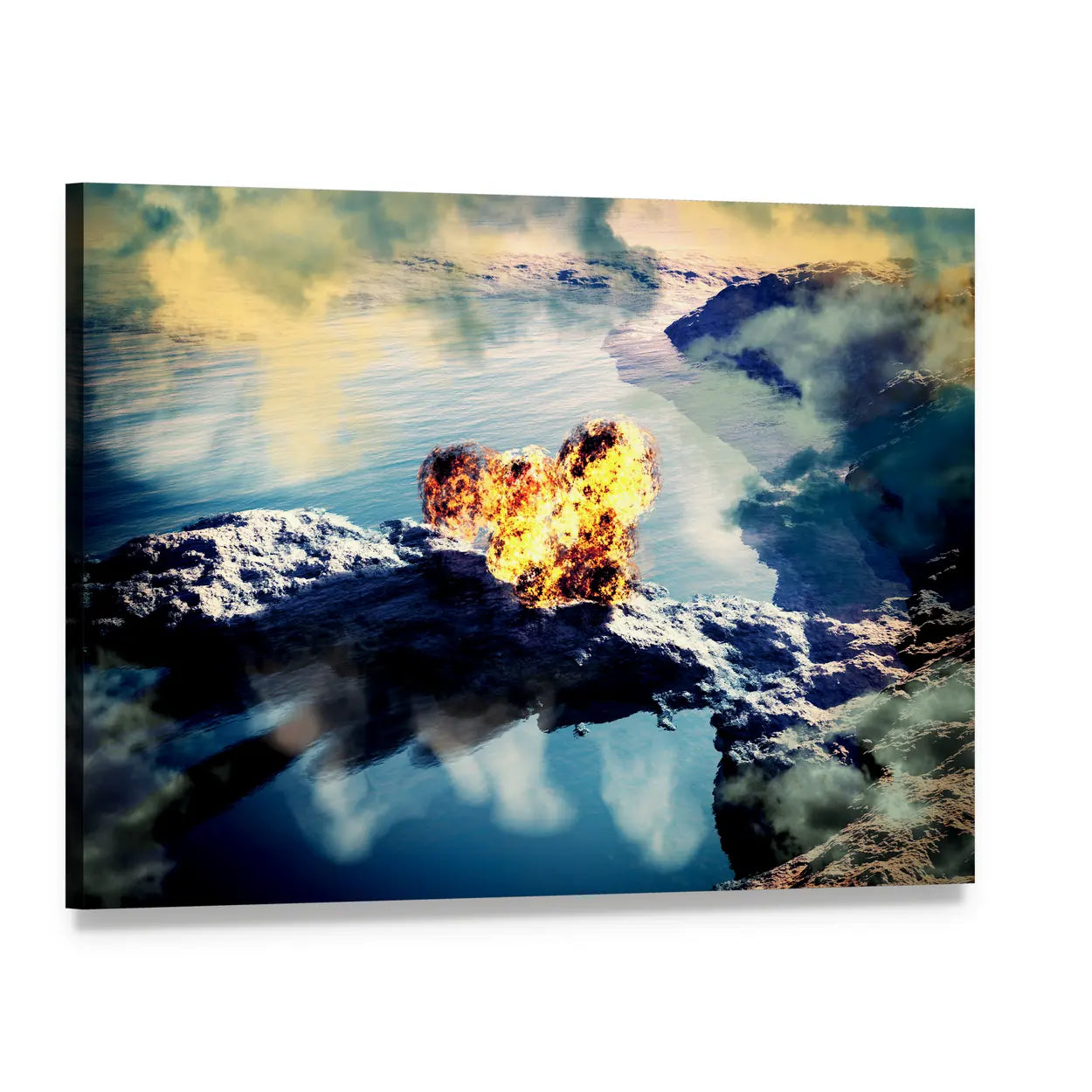 Fiery Volcanic Eruption on Island Coastline Canvas Wall Art, single panel gallery wrapped canvas, angled product view