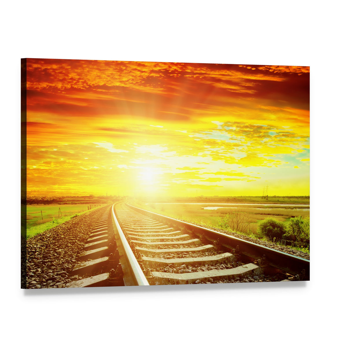 Sunset Over Curving Railway Tracks Canvas Wall Art, single panel gallery wrapped canvas, angled product view