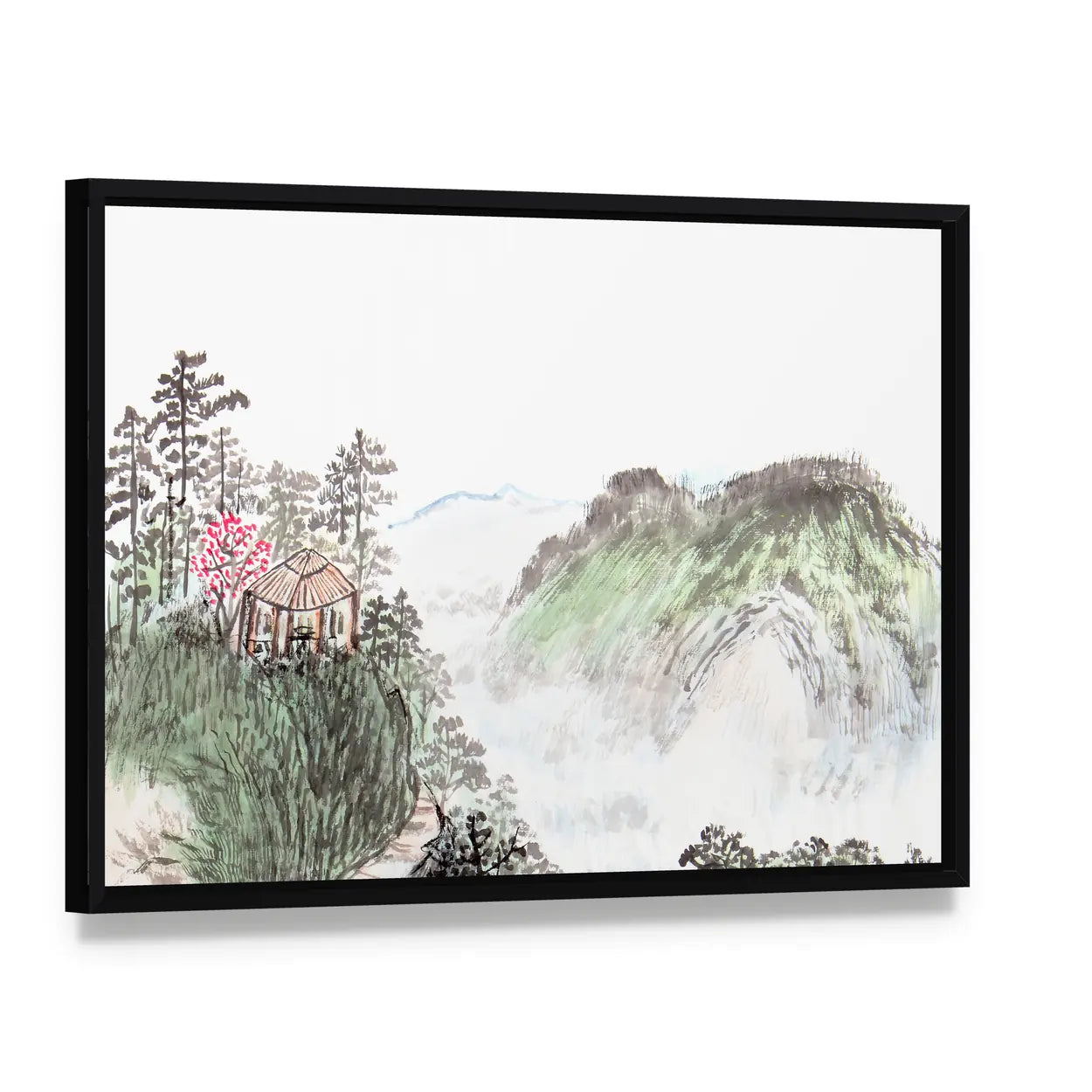Chinese Landscape Abstract Canvas Wall Art, framed canvas in a black floater frame, angled product view