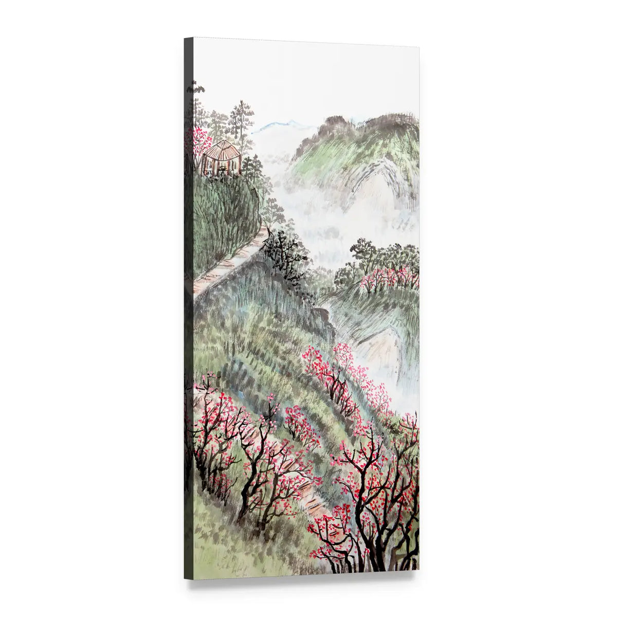 Chinese Misty Mountain with Pagoda and Cherry Blossoms Vertical Canvas Wall Art, 1 panel 1 Vertical layout gallery wrapped canvas set, angled product view