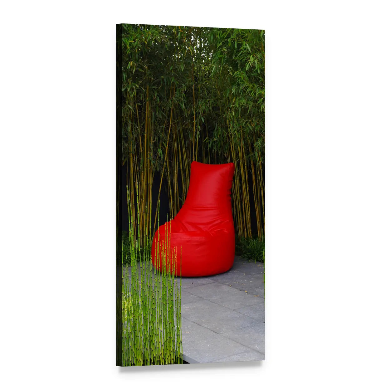 Red Beanbag on Stone Garden Path Vertical Canvas Wall Art, 1 panel 1 Vertical layout gallery wrapped canvas set, angled product view