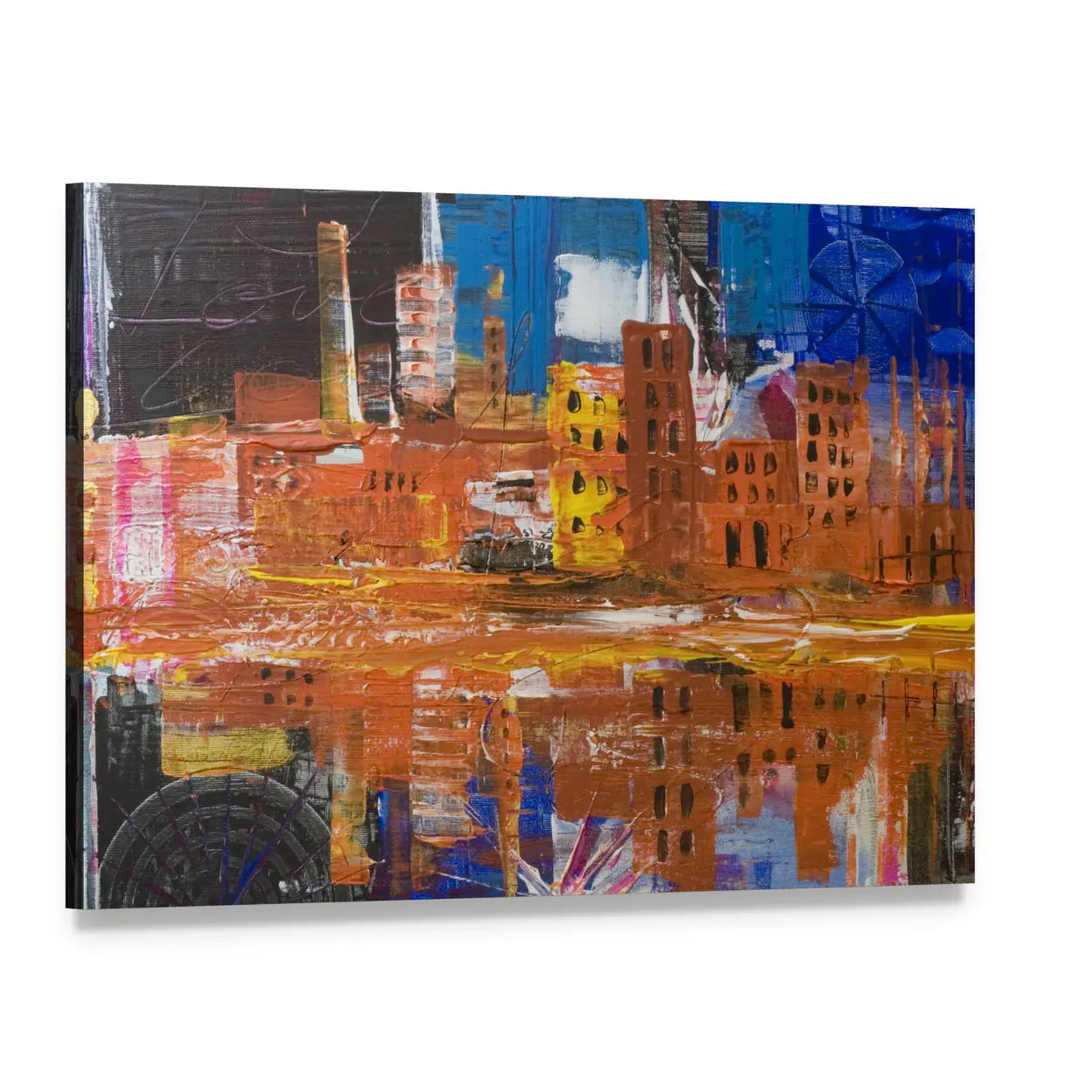 Metropolis Dusk Reflected Skyline Canvas Wall Art, single panel gallery wrapped canvas, angled product view