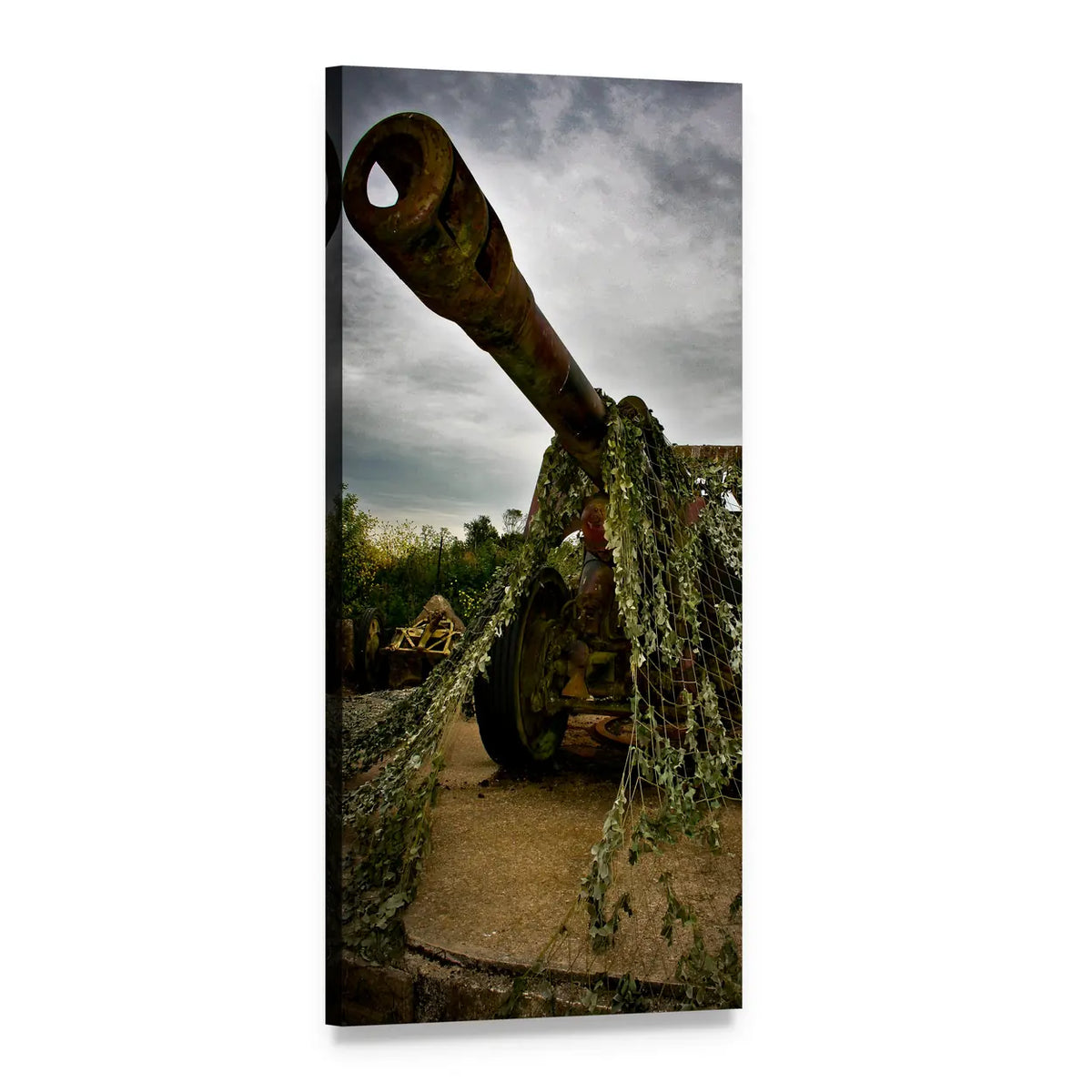 Weathered Artillery Cannon Under Overcast Sky Vertical Canvas Wall Art, 1 panel 1 Vertical layout gallery wrapped canvas set, angled product view