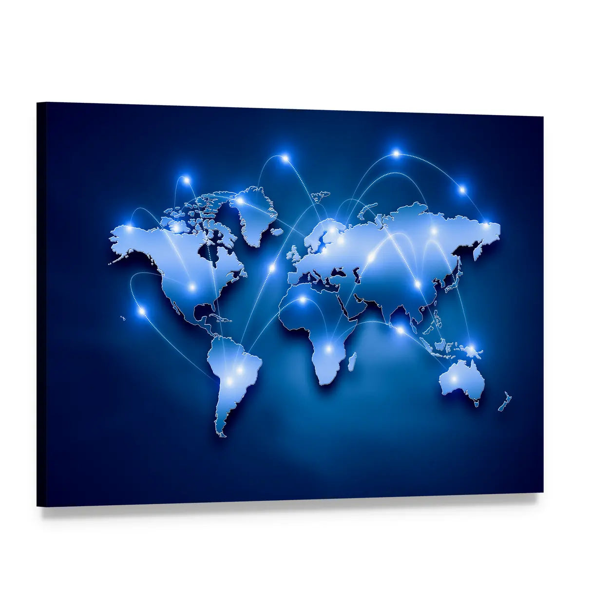 World Map with Connection Lines Canvas Wall Art, single panel gallery wrapped canvas, angled product view