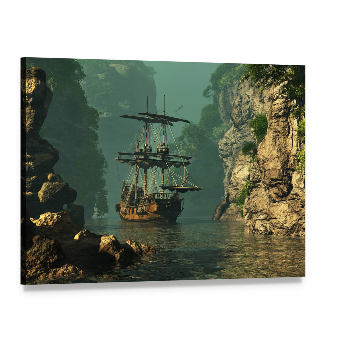 Sailing Ship Among Rocky Cliffs Canvas Wall Art, single panel gallery wrapped canvas, angled product view