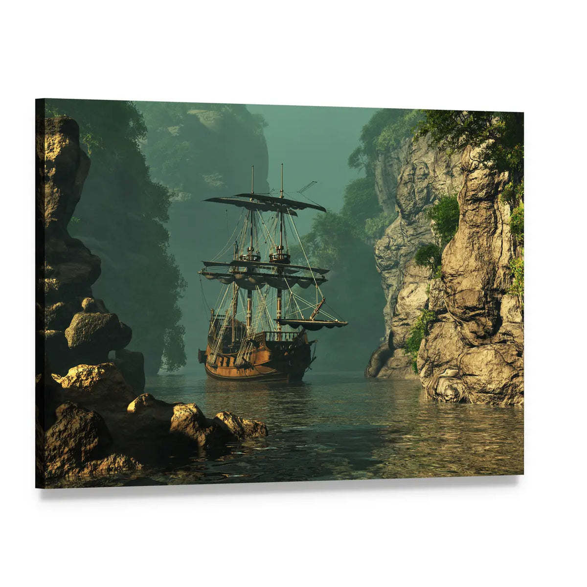 Wooden Sailing Ship Between Rocky Cliffs Canvas Wall Art, single panel gallery wrapped canvas, angled product view