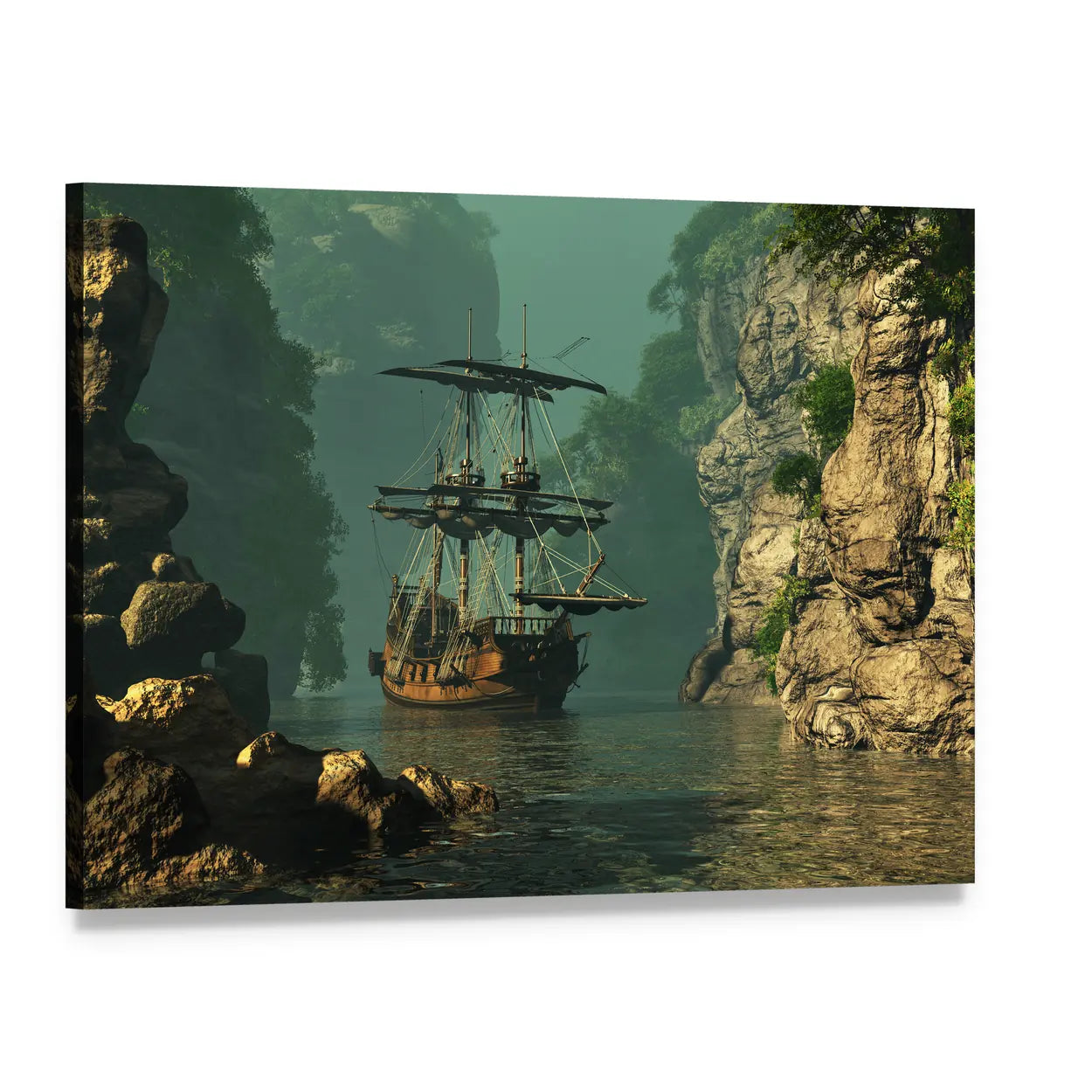 Wooden Sailing Ship Between Rocky Cliffs Canvas Wall Art, single panel gallery wrapped canvas, angled product view