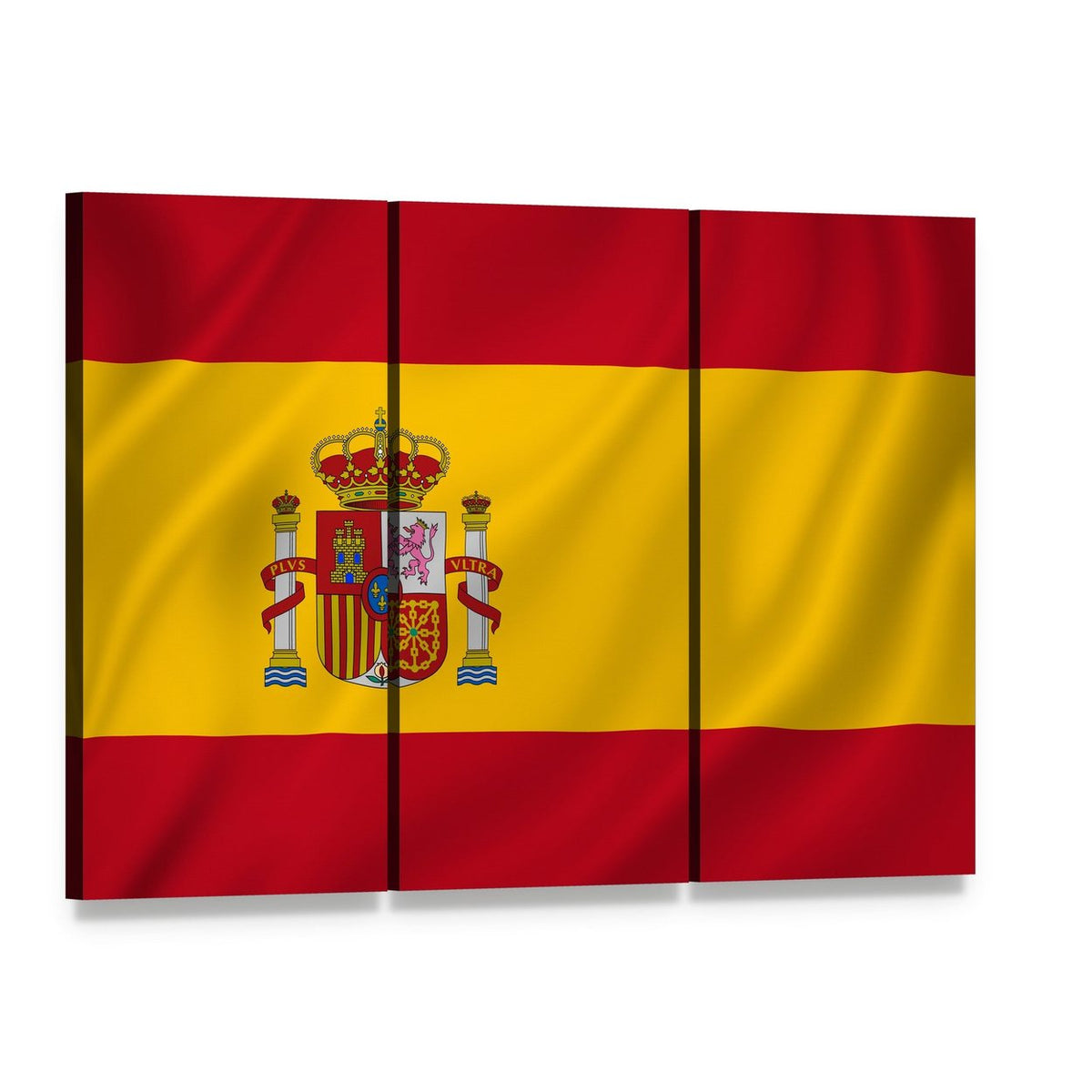 Spanish Flag with Coat of Arms Canvas Wall Art, 3 panel 3 Horizontal layout gallery wrapped canvas set, angled product view