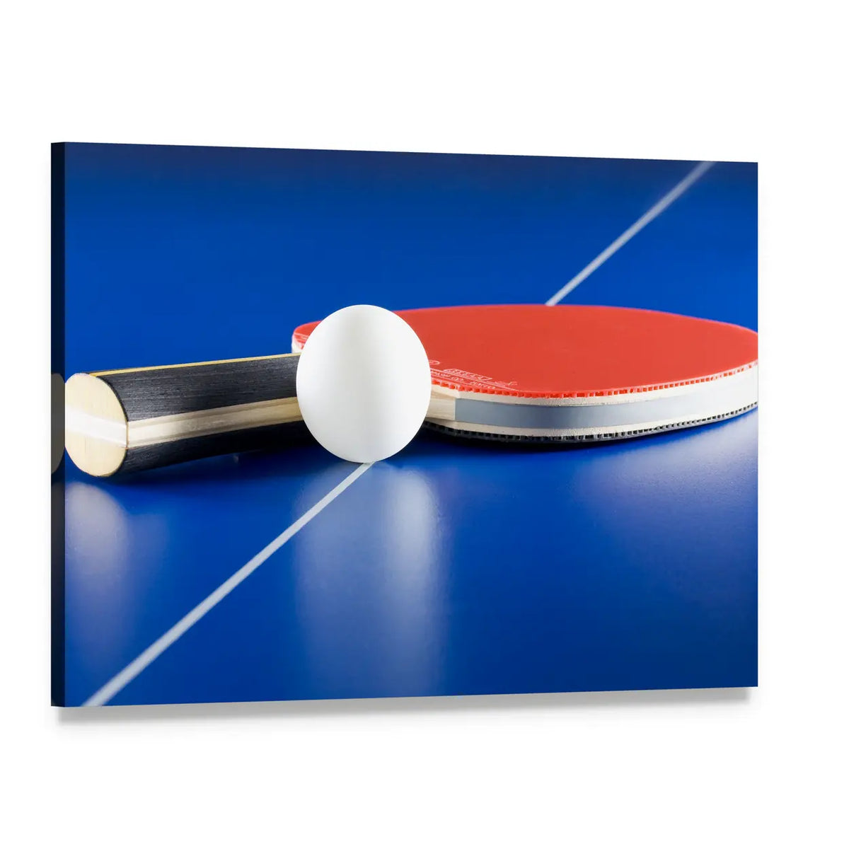 Red Table Tennis Paddle and Ball Canvas Wall Art, single panel gallery wrapped canvas, angled product view