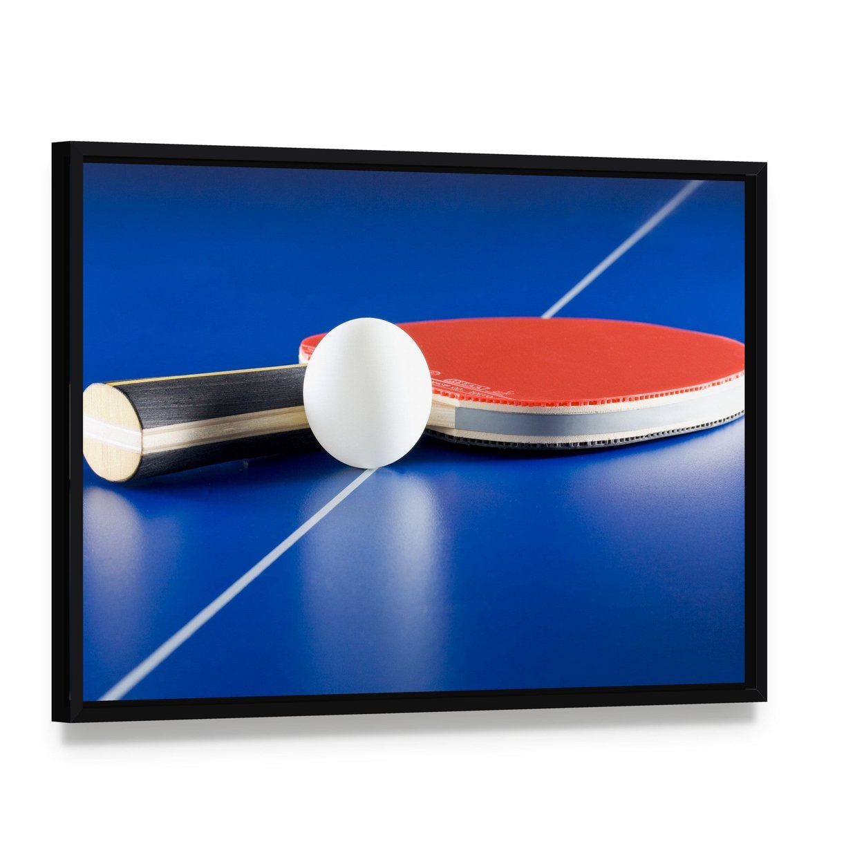 Table Tennis Racket & Ball Canvas Wall Art, framed canvas in a black floater frame, angled product view