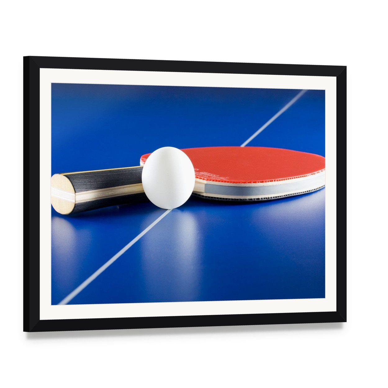 Table Tennis Racket & Ball Canvas Wall Art, framed print with white mat and black frame, angled product view